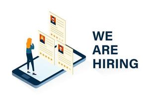 We are hiring concept with illustration of woman choosing employee candidate. Staffing and recruiting business concept vector