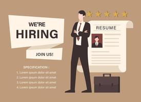 We are hiring concept with businessman and resume illustration. Staffing and recruiting business concept vector