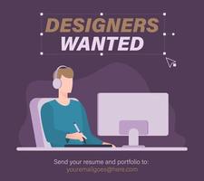 We are hiring graphic designer. Illustration of designer with headset working on computer vector