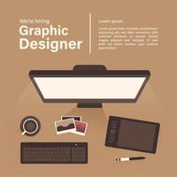 We are hiring graphic designer. Illustration of computer, drawing tablet and designer tools vector