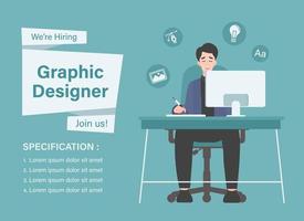 We are hiring graphic designer. Illustration of creative designer working on computer vector