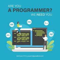 Programmer job vacancy template with people and laptop illustration vector