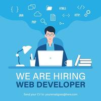 Web developer job vacancy template with programmer working on laptop illustration vector