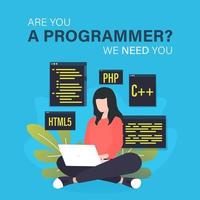 Programmer job vacancy template with woman programmer working on laptop illustration vector