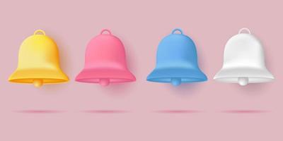 icono de notificación 3d. linda campana amarilla, rosa, azul y blanca. renderizado de modelo 3d para diseño de fondo aislado vector