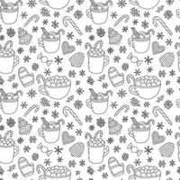 Tasty Christmas desserts doodle seamless pattern. Cocoa with marshmallos and ginger cookies on white background vector