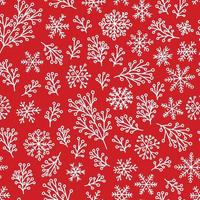 Hand drawn mistletoe and snowflakes vector seamless pattern. Doodle winter herb isolated on red background