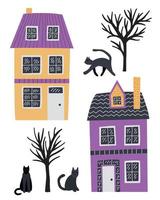 Cute vector country houses and blac cats set. Doodle houses and cats clip art