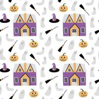 Vector Halloween seamless pattern. Cute cottage and pumpkins in cartoon style isolated on white backrground