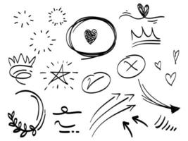 Doodle elements for concept design.  isolated on white background. Infographic elements. Brush stroke, curly swishes, swoops, swirl, arrow, heart, crown, star. vector illustration.