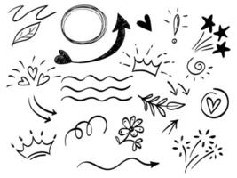 Doodle elements for concept design.  isolated on white background. Infographic elements. Brush stroke, curly swishes, swoops, swirl, arrow, heart, crown, star. vector illustration.