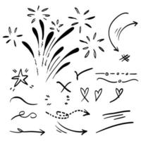 Doodle elements for concept design.  isolated on white background. Infographic elements. Brush stroke, curly swishes, swoops, swirl, arrow, heart, crown, star. vector illustration.