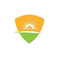 casa con diseño de logotipo de vector de sol. diseño del logotipo del paisaje natural.
