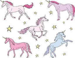 Vector set of different hand drawn doodle unicorn