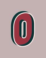 Vector number 0 with 3D effect in retro style. Well red and Deep Teal colors