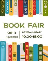 Book fair poster for advertising. Vertical poster for book fair with different books. Advertising template for bookstore,bookshop, library.