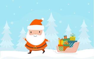 Santa Claus is carring sleigh full of gift boxes on the ground of winter forest. Christmas holiday greeting card. Vector illustration.