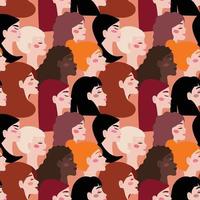 Background with diverse women faces in flat boho style. Seamless pattern with beautiful female face profiles of different ethnicity. For textile, paper, print, backgrounds, packaging. vector