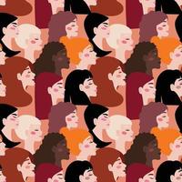 Background with diverse women faces in flat boho style. Seamless pattern with beautiful female face profiles of different ethnicity. For textile, paper, print, backgrounds, packaging. vector