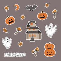 Halloween sticker set. The main symbol of the Happy Halloween holiday. House, pumpkin, ghost, mushrooms, bat, autumn leaves. Hand drawn vector illustration. Perfect for party invitation, greeting card