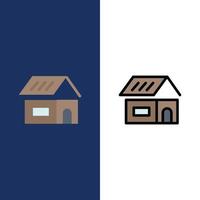 edificio construcción casa iconos planos y llenos de línea conjunto de iconos vector fondo azul