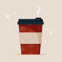 Coffee cup. Disposable paper or plastic cup with winter christmas design. Vector illustration in flat cartoon style.