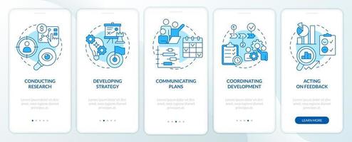 Product management blue onboarding mobile app screen. Business walkthrough 5 steps editable graphic instructions with linear concepts. UI, UX, GUI template. vector