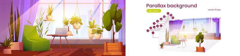 Parallax background workplace at home garden 2d vector