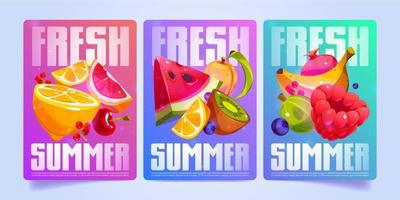 Fresh summer posters with fruit slices and berries vector