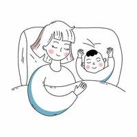 Mom and baby are sleeping in bed. Healthy baby sleep. Vector doodle illustration.