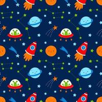 Seamless pattern for sewing baby clothing and printing on fabric. Space adventure. Rocket, planet and ufo. Printing on fabric and wrapping paper Wallpaper in nursery. vector