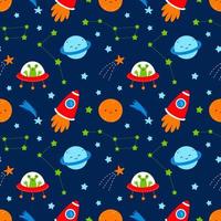 Seamless pattern for sewing baby clothing and printing on fabric. Space adventure. Rocket, planet and ufo. Printing on fabric and wrapping paper Wallpaper in nursery. vector