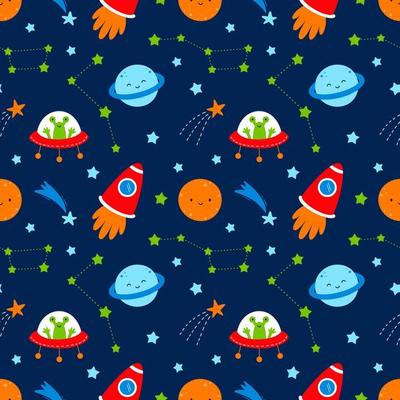 Seamless pattern for sewing baby clothing and printing on fabric. Space adventure. Rocket, planet and ufo. Printing on fabric and wrapping paper Wallpaper in nursery.