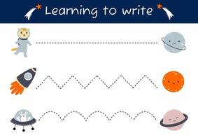Handwriting practice sheet. Logical game for development of interhemispheric connections. Write with your left and right hand. Learning to write. Send rocket to planet. Space. Formation neural connect vector