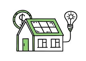 Solar panels on the roof of the house. Green energy. Co2 concept of climate change .  Vector isolated doodle