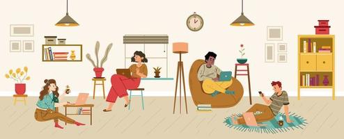 People work on laptop at home vector