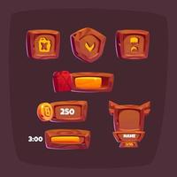 Wooden game buttons, cartoon menu interface set vector