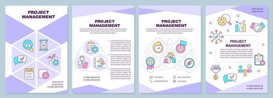 Project management purple brochure template. Development. Leaflet design with linear icons. Editable 4 vector layouts for presentation, annual reports.