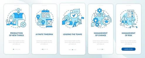 Project management blue onboarding mobile app screen. Organization walkthrough 5 steps editable graphic instructions with linear concepts. UI, UX, GUI template. vector