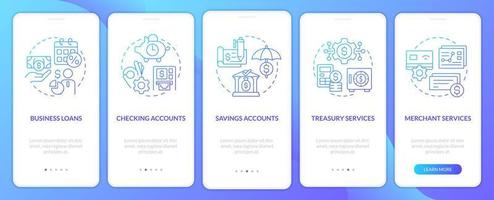 Business banking blue gradient onboarding mobile app screen. Commerce walkthrough 5 steps graphic instructions with linear concepts. UI, UX, GUI template. vector