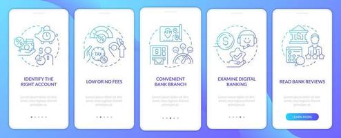 Choose bank blue gradient onboarding mobile app screen. Customer benefits walkthrough 5 steps graphic instructions with linear concepts. UI, UX, GUI template. vector