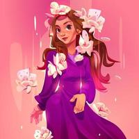 Cartoon girl with brown hair in long purple dress vector