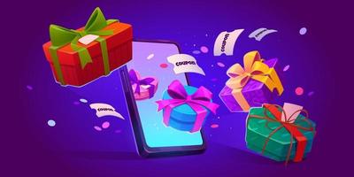 Mobile phone with gift boxes and coupons flying vector
