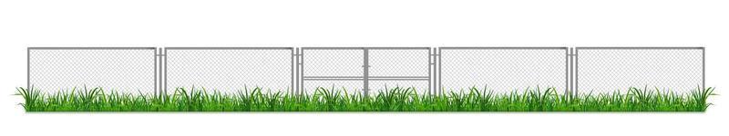 Wire fence with gates on green grass, chain link vector