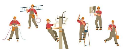 trabajador electricista con herramientas, escalera y cables vector