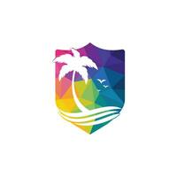 Beach and palm tree vector logo. Travel and tourism sign.