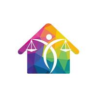 hombre sosteniendo el logo de la balanza de la justicia. diseño del logotipo de la casa de leyes. logotipo de la ley de propiedad, bienes raíces y símbolo de la ley. vector