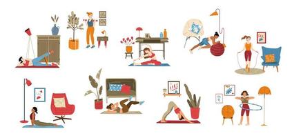 Women training, doing exercises, yoga at home vector