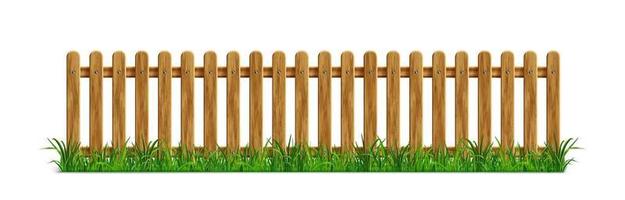 Brown wooden picket fence with green grass vector