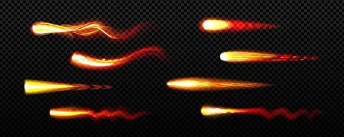 Fire trails, flying asteroids, comets, glowing set vector